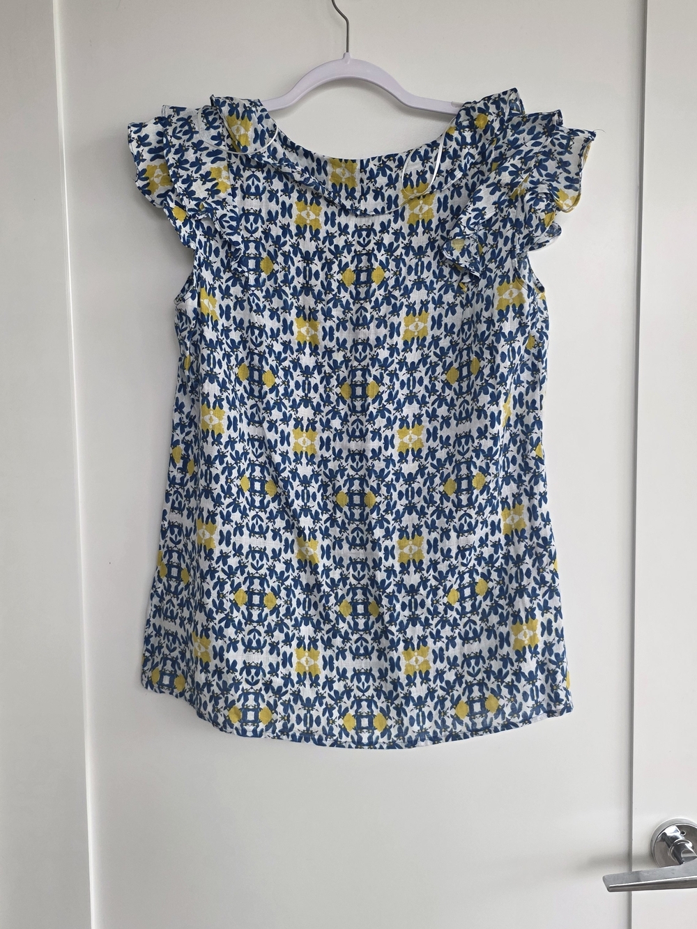 Women’s Blue and Yellow Printed Ruffle Sleeve Blouse
